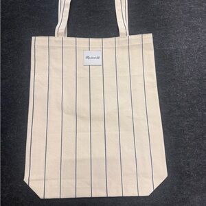 Madewell Cream Canvas Tote with Navy Pinstripes